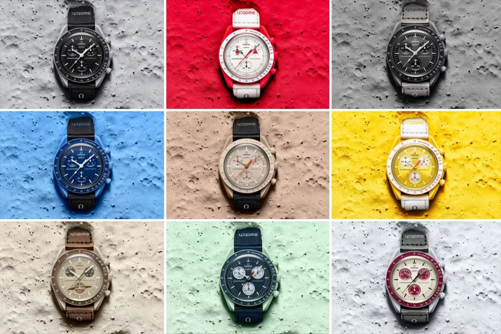 histoire de Swatch collection MoonSwatch composée de plusieurs modèles inspirés des planètes, montrant différentes versions du chronographe Omega x Swatch posées sur des fonds colorés évoquant les surfaces lunaires et planétaires, avec des cadrans variés allant du noir au rouge, bleu, jaune, vert et sable, illustrant la créativité, l’innovation et l’univers fun de la marque Swatch.