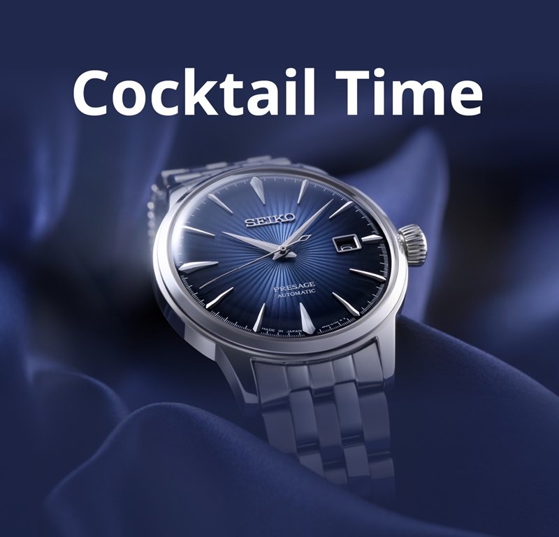 Montre automatique 2026 Seiko Presage Cocktail Time, cadran bleu soleillé et style habillé élégant.