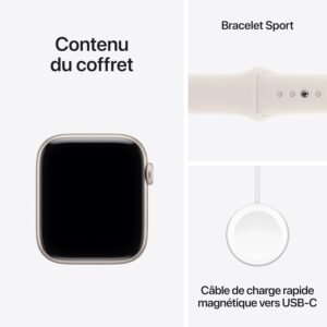 montre connectée femme Apple Watch SE 3 au poignet, affichant les données de santé sur son écran always-on.
