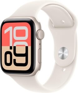 Apple Watch SE 3 vue de face, montrant son écran always-on et son design épuré aluminium.