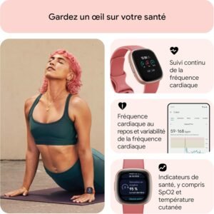 Fitbit Versa 4 en plein entraînement, vue sur le GPS intégré et les données d’activité.