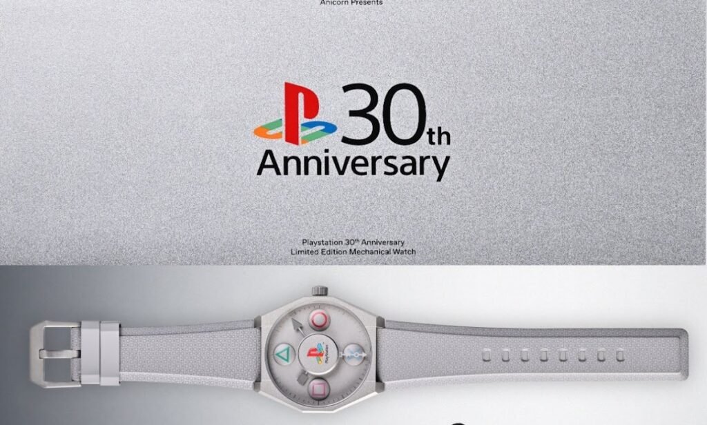 montre PlayStation 30th Anniversary édition limitée présentée pour les 30 ans de PlayStation, bracelet gris et cadran aux symboles iconiques