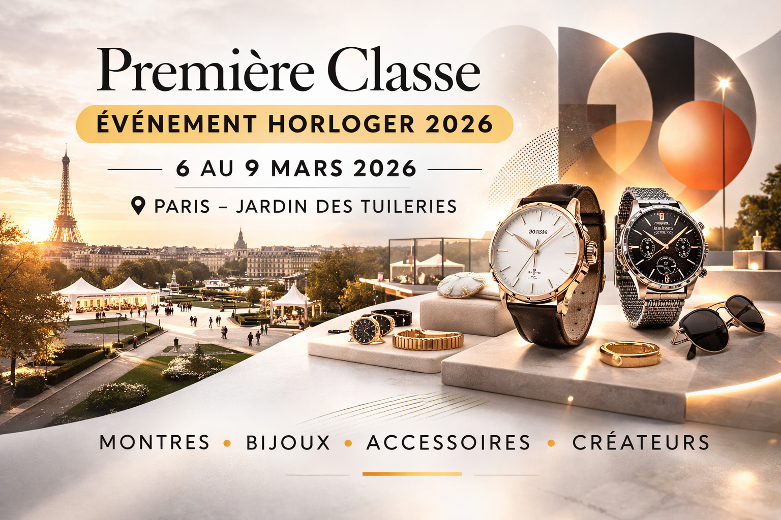 Événements horlogers 2026 – visuel du salon Première Classe au Jardin des Tuileries présentant montres, bijoux et accessoires. Un aperçu des événements montres et accessoires 2026 avec exposition, créateurs et tendances horlogères.