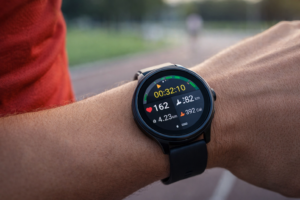 montre connectée sport vue de près, affichant des données d’entraînement sur un écran lumineux, idéale pour illustrer un article sur l’usage des smartwatch pour le fitness.