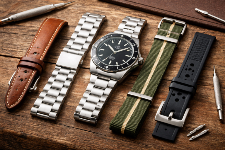 changer bracelet montre avec plusieurs types de bracelets présentés sur une table : bracelet cuir, bracelet acier, bracelet NATO et bracelet caoutchouc pour montre