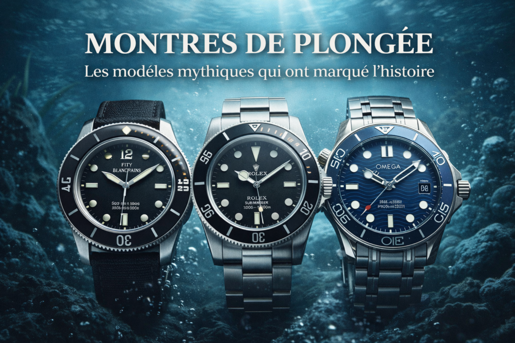 montres de plongée iconiques sous l’eau avec lunettes tournantes et cadrans lumineux illustrant les montres de plongée mythiques de l’horlogerie
