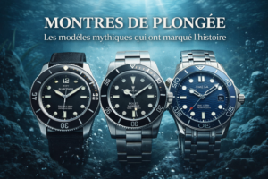 montres de plongée iconiques sous l’eau avec lunettes tournantes et cadrans lumineux illustrant les montres de plongée mythiques de l’horlogerie