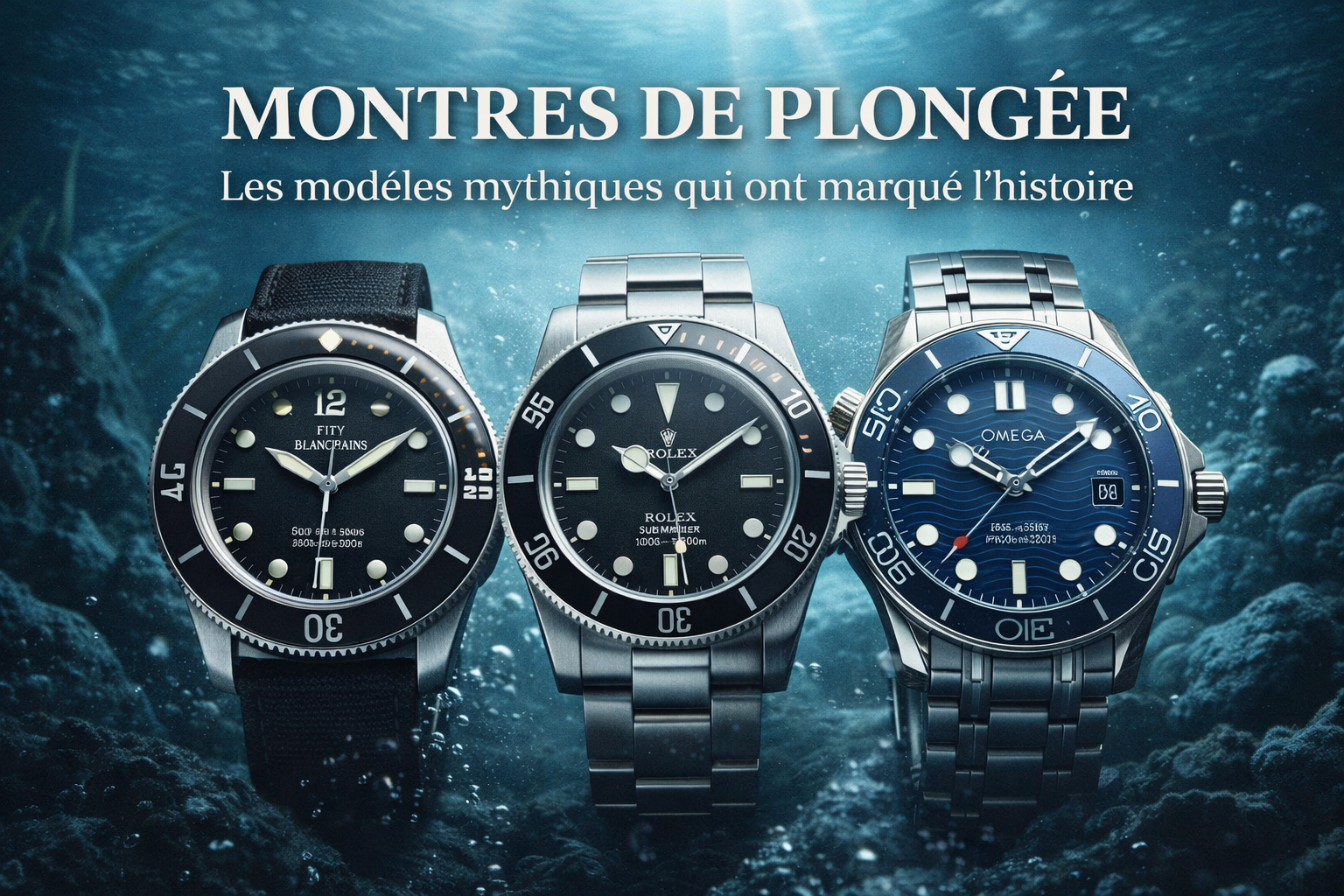 montres de plongée iconiques sous l’eau avec lunettes tournantes et cadrans lumineux illustrant les montres de plongée mythiques de l’horlogerie