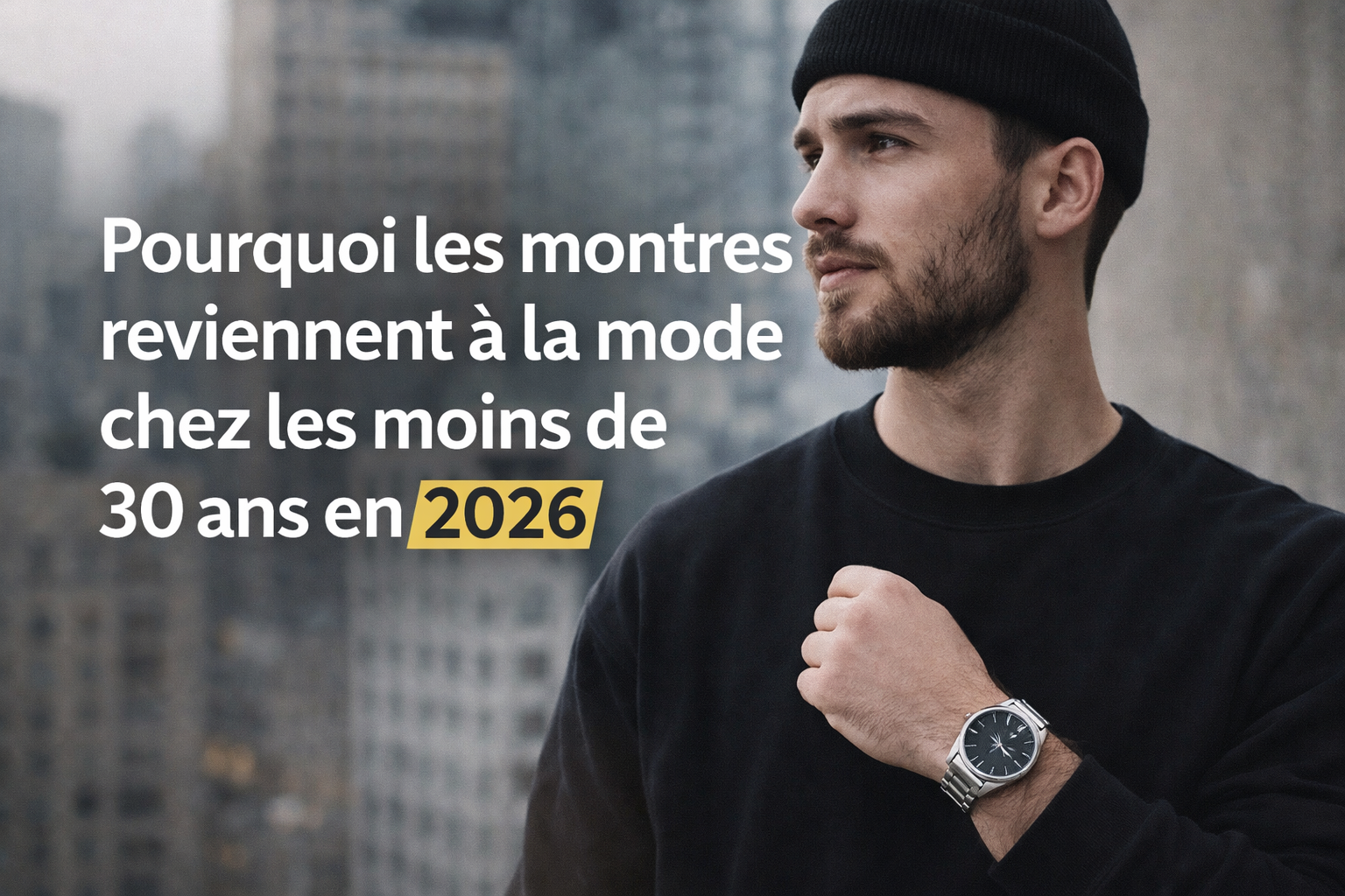 Montres tendance 2026 portées par un homme en tenue urbaine avec montre analogique acier minimaliste symbole du retour de la montre chez les moins de 30 ans