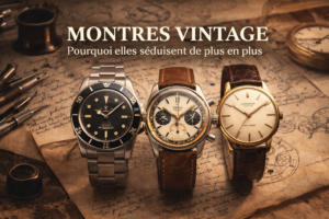 montres vintage anciennes avec cadrans patinés et bracelets cuir posées sur un bureau d’horloger avec outils et croquis horlogers