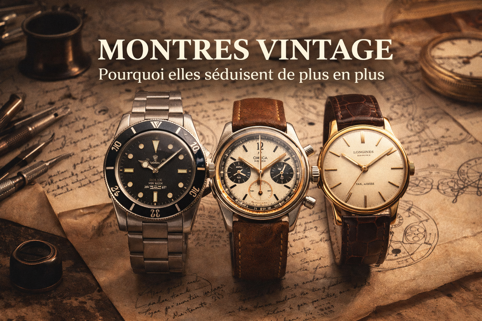 montres vintage anciennes avec cadrans patinés et bracelets cuir posées sur un bureau d’horloger avec outils et croquis horlogers