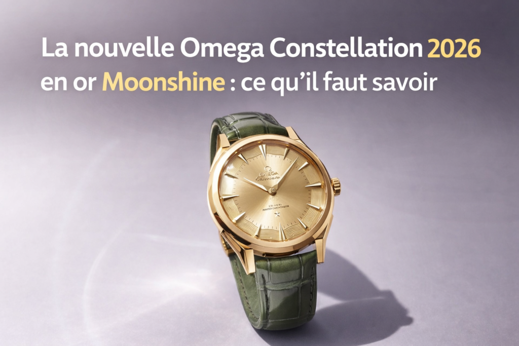 Omega Constellation 2026 en or 18K Moonshine avec bracelet cuir vert et cadran doré montre de luxe élégante