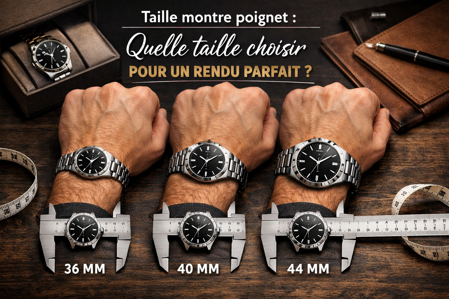 Comparaison de tailles de montre (36 mm, 40 mm, 44 mm) sur différents poignets pour choisir la bonne taille montre poignet