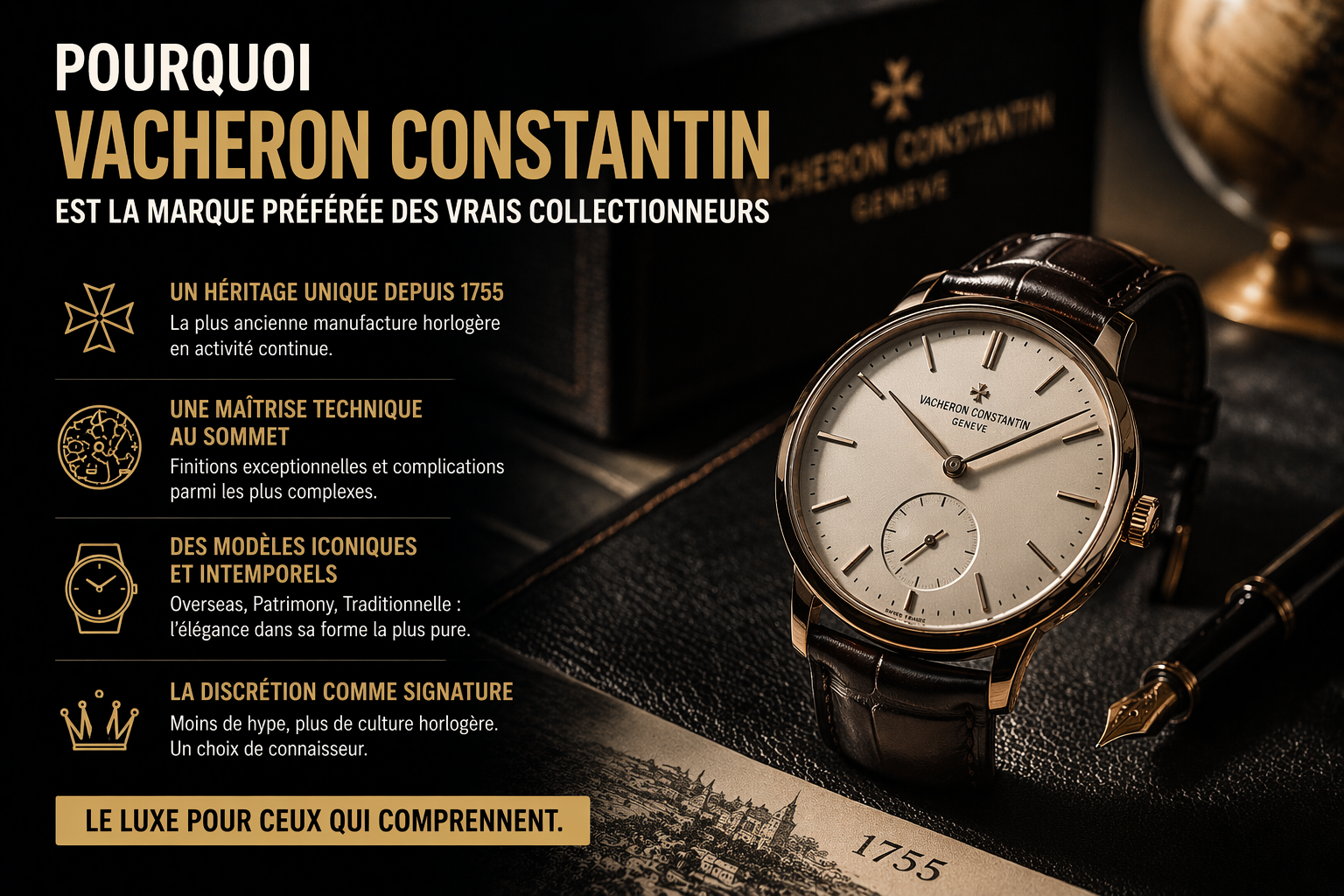 Vacheron Constantin montre de haute horlogerie suisse avec cadran épuré et bracelet cuir illustrant une marque prisée par les collectionneurs de montres du Big 3 horlogerie