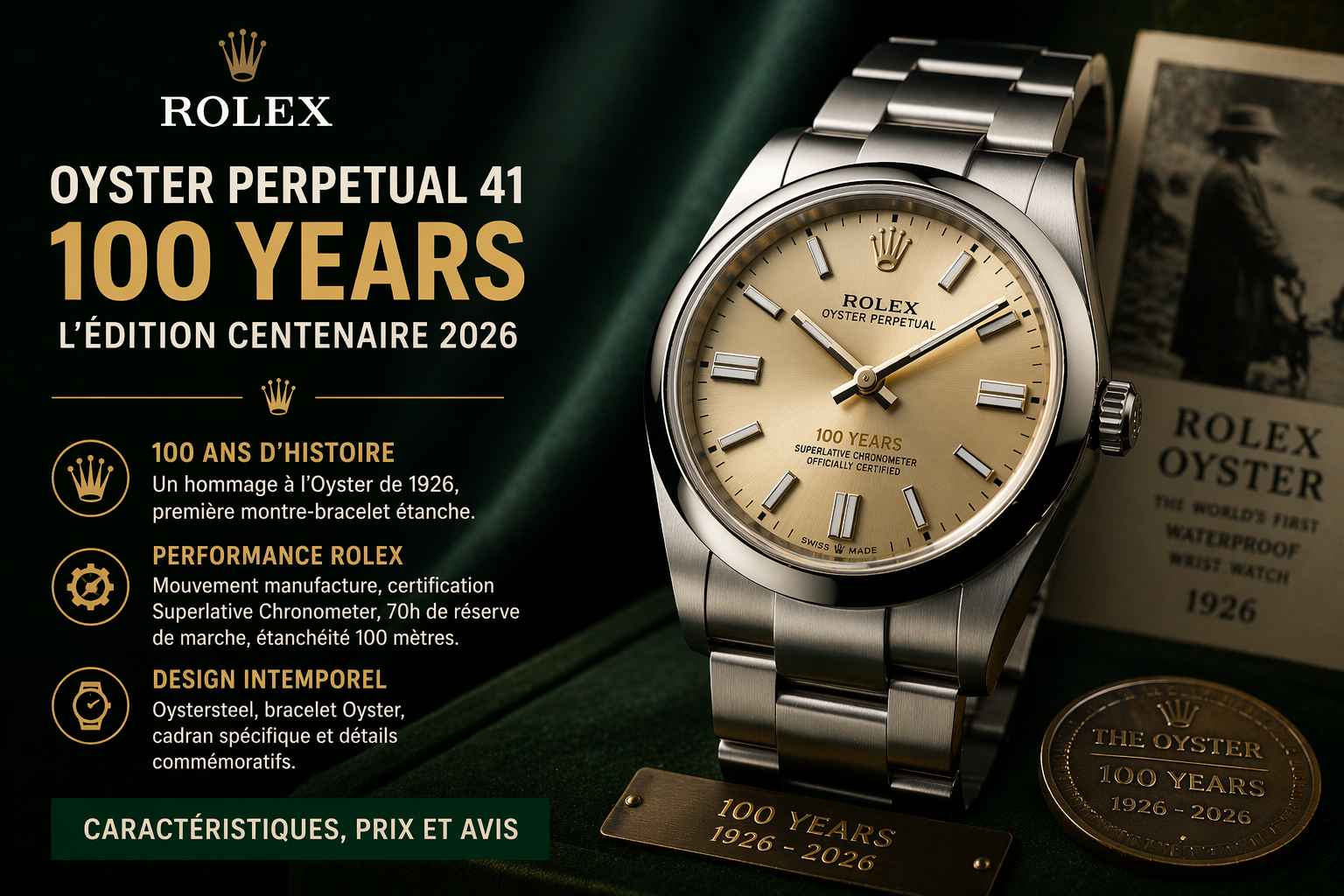 Rolex Oyster Perpetual 41 100 Years édition centenaire 2026 avec cadran champagne et bracelet Oyster illustrant l’hommage aux 100 ans de l’Oyster