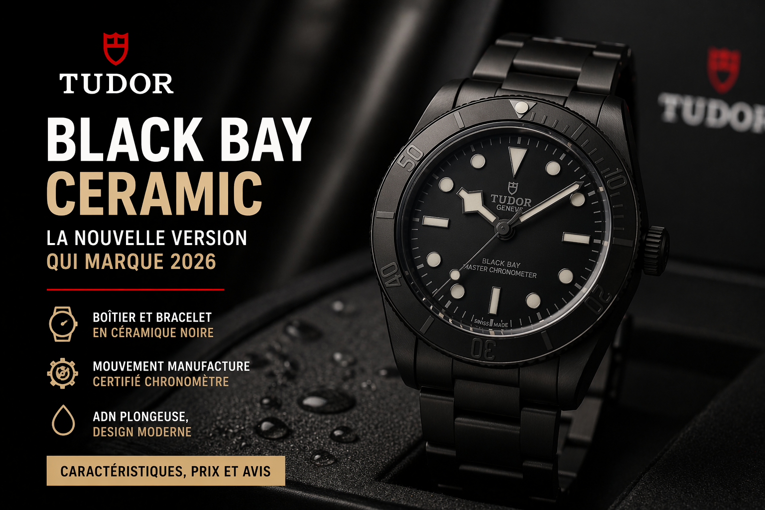 Tudor Black Bay Ceramic montre en céramique noire avec lunette plongeuse et mouvement manufacture illustrant la nouvelle version moderne de la gamme Black Bay