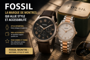 Fossil montre pour homme et femme avec design vintage et moderne, modèles acier et cuir illustrant une marque de montre accessible et tendance