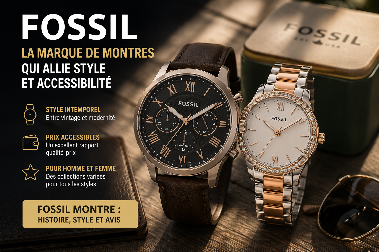 Fossil montre pour homme et femme avec design vintage et moderne, modèles acier et cuir illustrant une marque de montre accessible et tendance