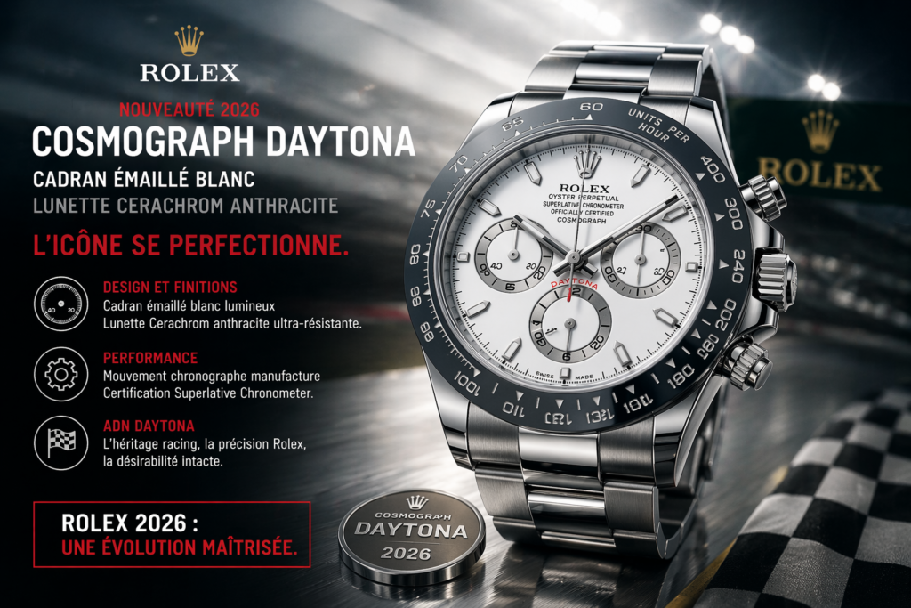 Rolex Cosmograph Daytona 2026 cadran émaillé blanc et lunette Cerachrom anthracite illustrant la nouvelle évolution du chronographe iconique de la marque