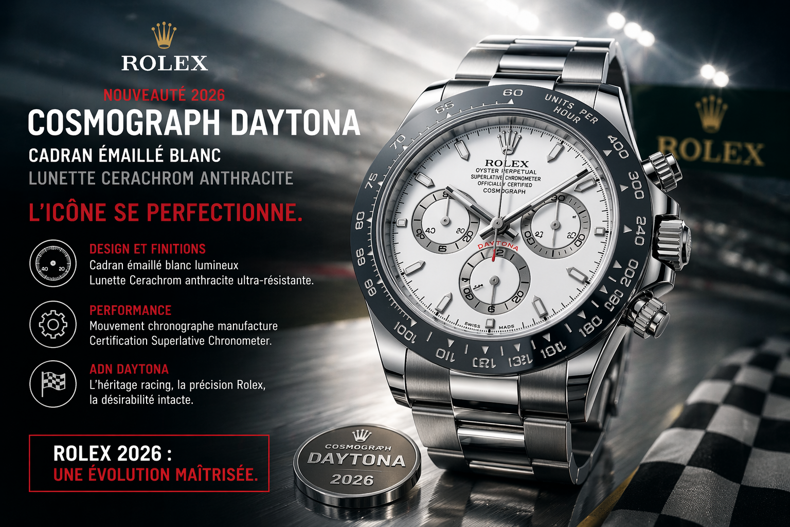 Rolex Cosmograph Daytona 2026 cadran émaillé blanc et lunette Cerachrom anthracite illustrant la nouvelle évolution du chronographe iconique de la marque