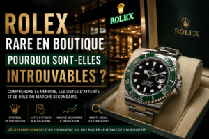 Rolex rare en boutique avec montre Submariner exposée en vitrine illustrant la pénurie, les listes d’attente et le marché secondaire
