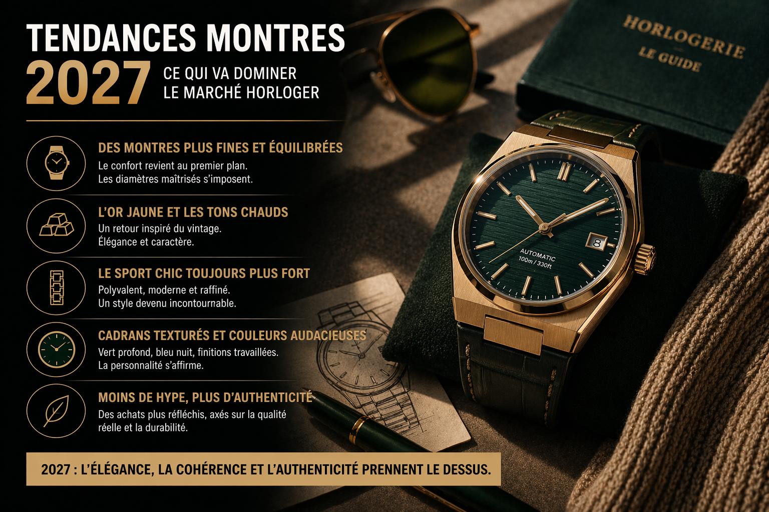 tendances montres 2027 montre sport chic en or jaune avec cadran vert illustrant les nouvelles orientations du marché horloger et l’évolution du style horloger moderne