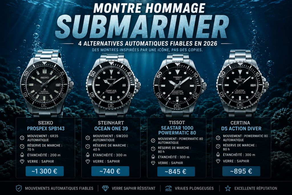 Montre hommage Submariner : 4 alternatives automatiques sérieuses en 2026